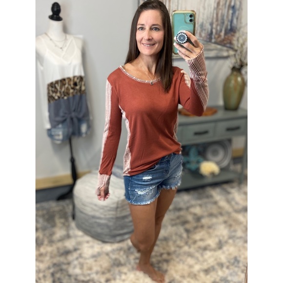 ❤️‍🔥Thumbhole Ribbed Contrast Soft Long Sleeve Top Rust 3621 - Picture 3 of 9